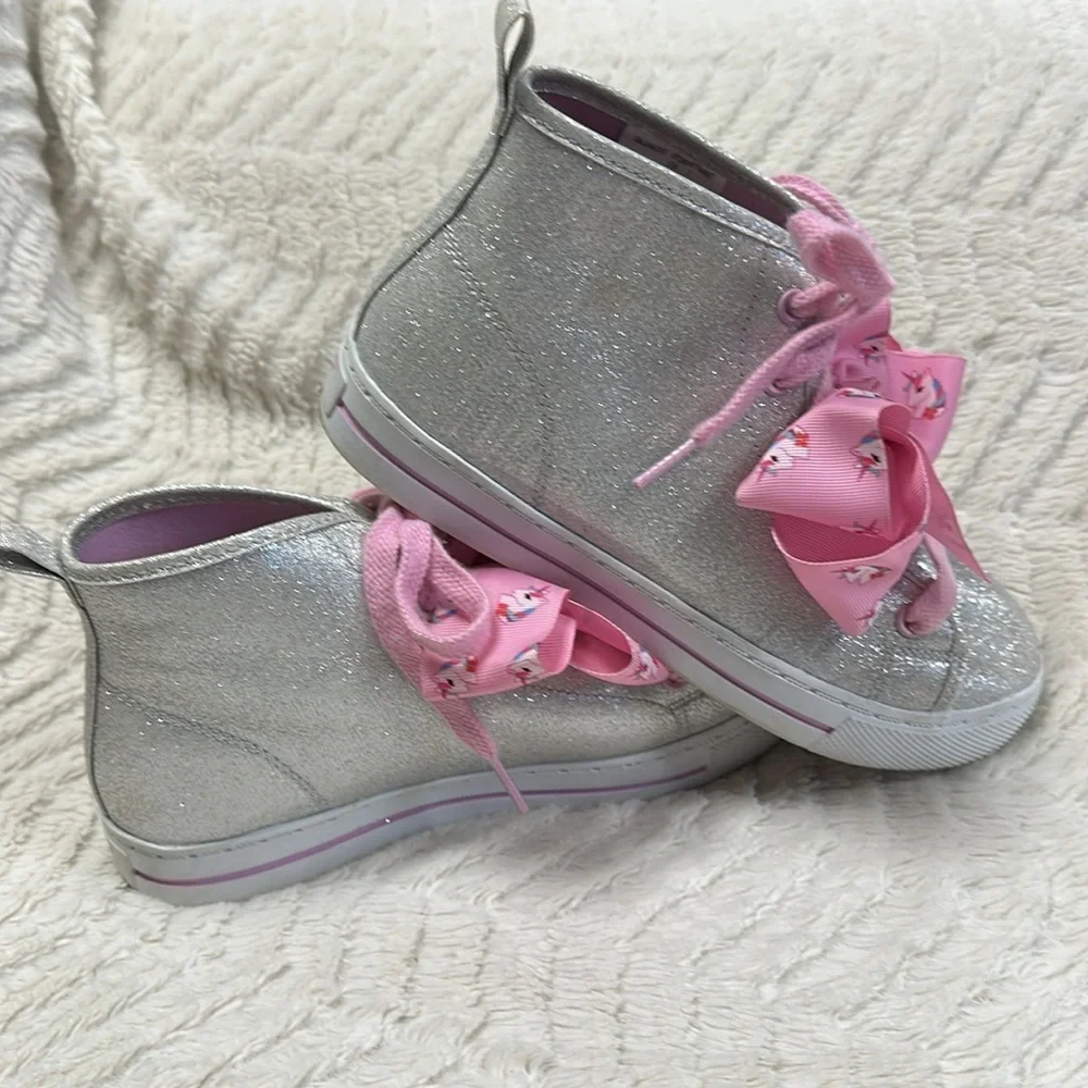 Jojo Siwa high top glitter sneakers with unicorn ribbon laces Girls Sz 3